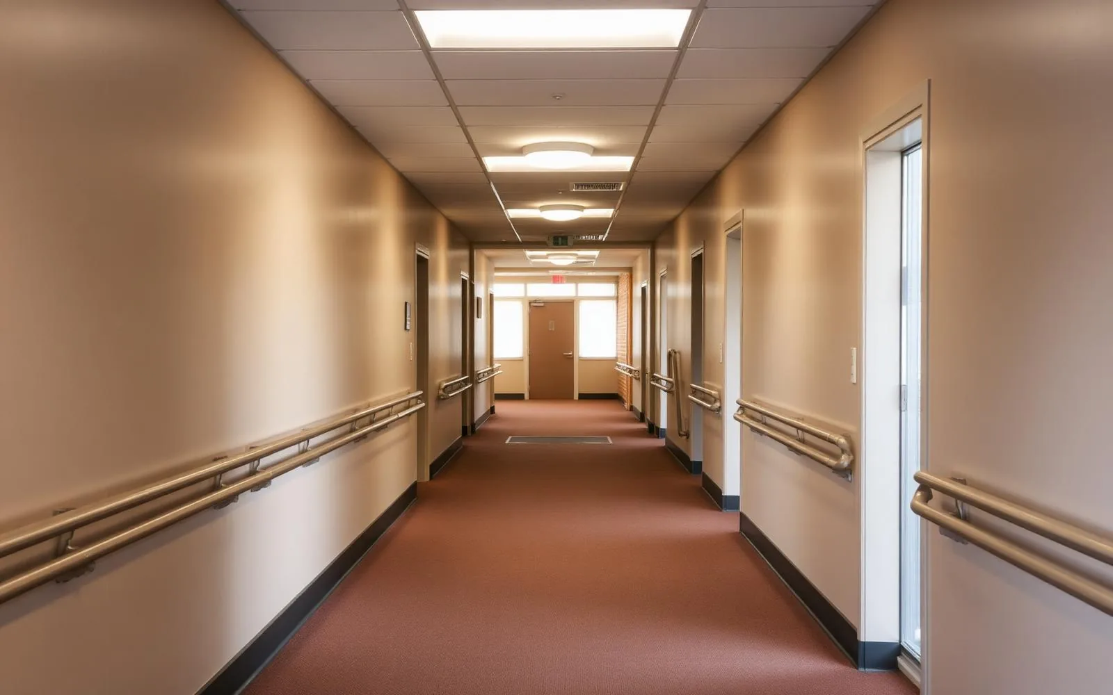 Warm, low-glare cork and rubber flooring in a calm aged care interior