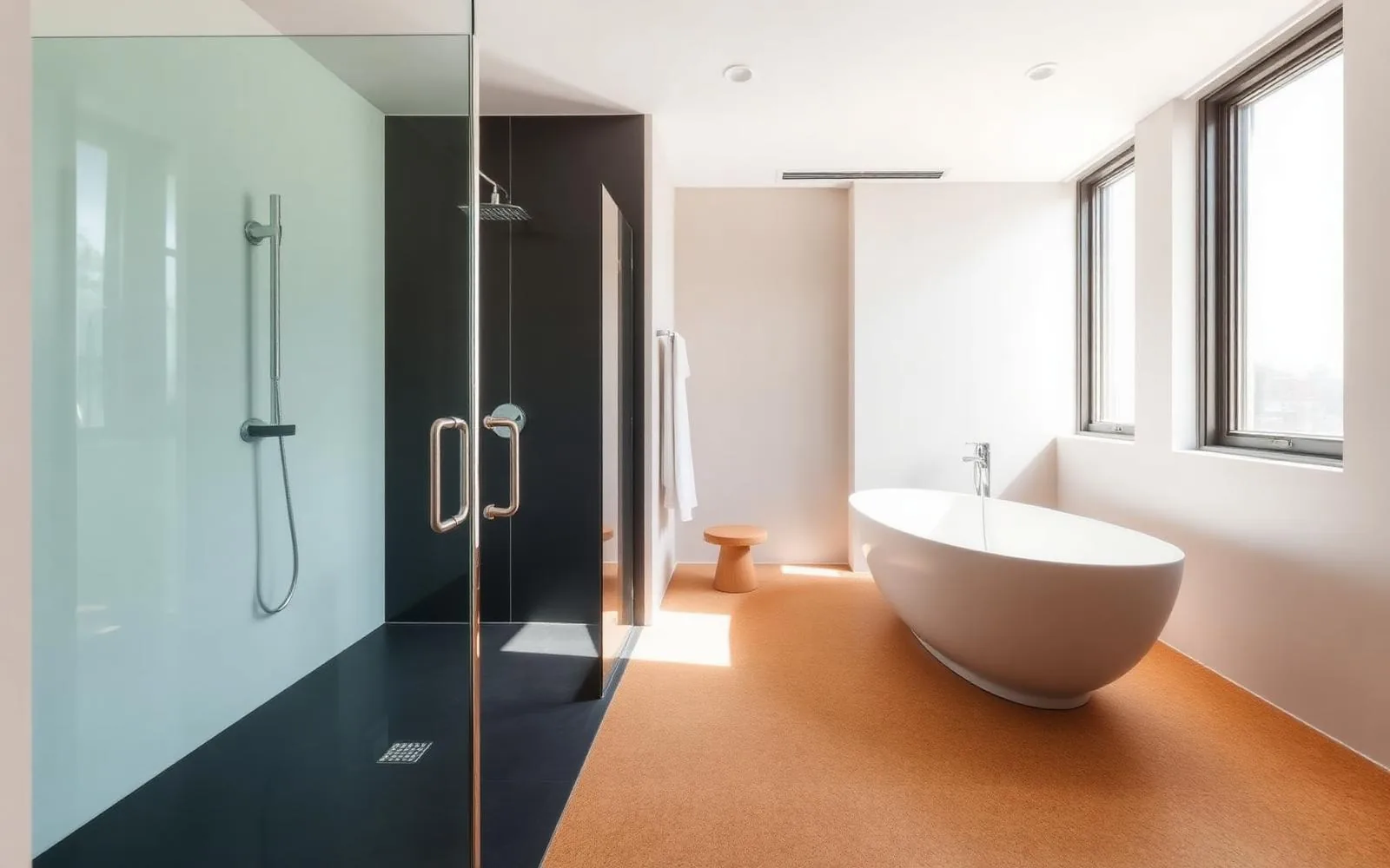 Modern bathroom interior with warm cork flooring underfoot