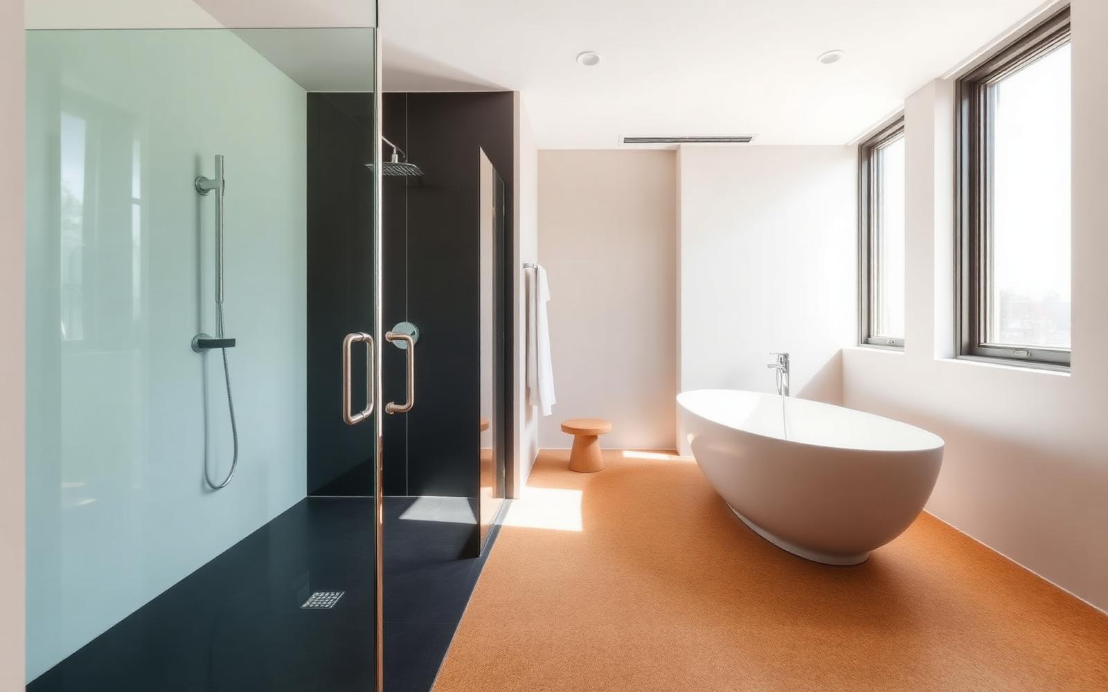 Modern bathroom interior with warm cork flooring underfoot