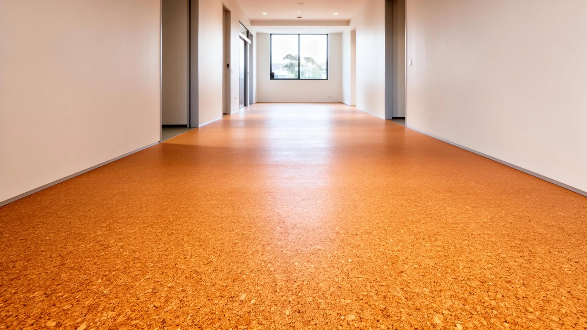 High-traffic corporate office interior with cork flooring underfoot