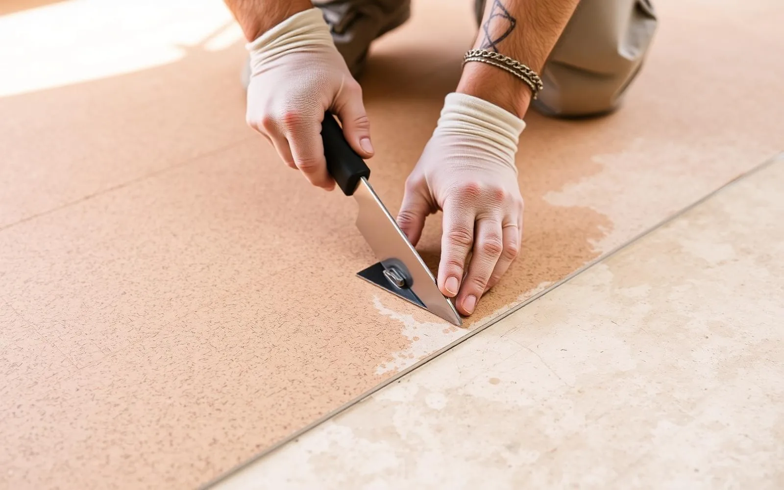 Flooring contractor preparing a substrate for cork flooring installation